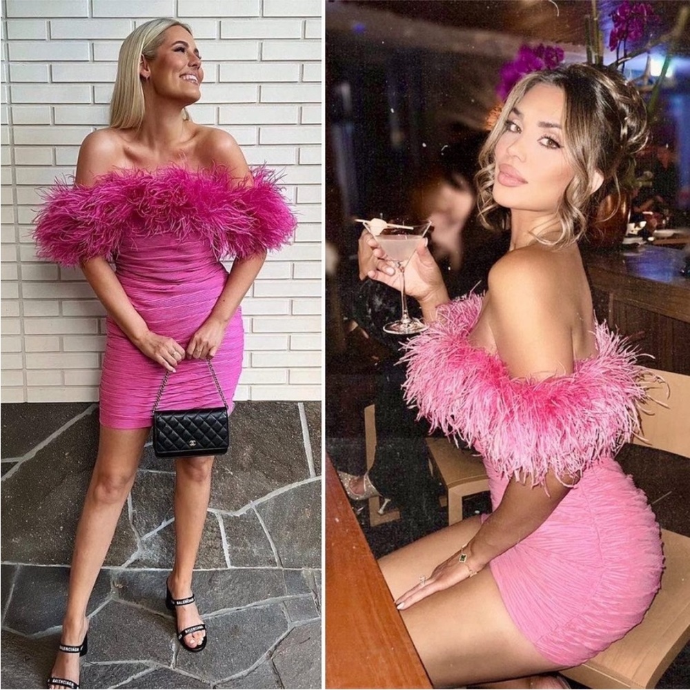 Rachel Gilbert Zion Mini Pink Ostrich Feather Dress